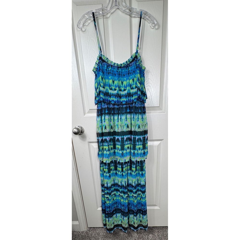 Sandra Darren Maxi Dress Tiered Ruffle Blue Green Sleeveless Boho Festival Sz 6